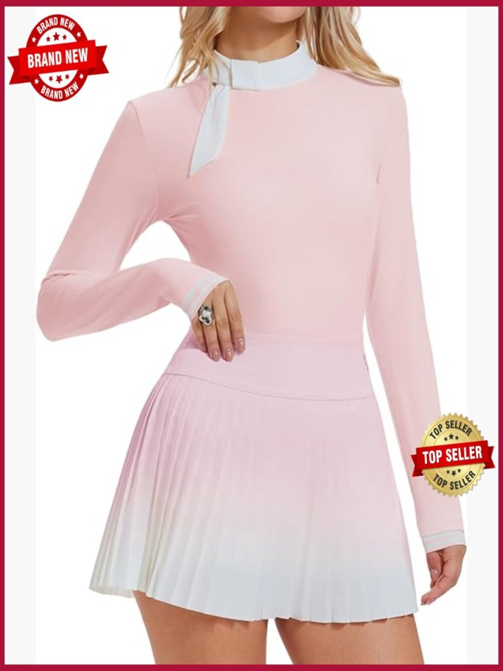 Tennis Skirt Set for Women High Waisted Pleated Pickleball Skort Long Sleeve Top